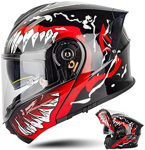 Casco Moto Modulare con Doppia Visiera per Scooter Casco Moto Uomo E Donna Casco Multifunzione Integrale Modulare per Locomotiva - Omologato ECE, Nero Rosso-L(59~60cm)