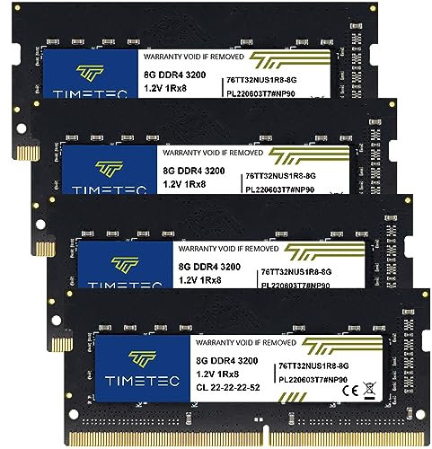 Timetec 32GB KIT(4x8GB) DDR4 3200MHz (or 2933MHz or 2666MHz) PC4-25600 Non-ECC Unbuffered 1.2V CL22 1Rx8 Single Rank 260 Pin SODIMM Laptop Notebook PC Computer Memory RAM Module Upgrade