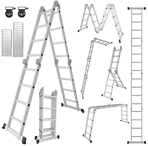 Yakimz® Échelle Multifonction en Aluminium - 4 x 4 marches - 470 cm - Échelle Pliante avec 2 plaques d'échafaudage et 2 Roues - Échelle de Travail 16 marches - Charge maximale : 150 kg