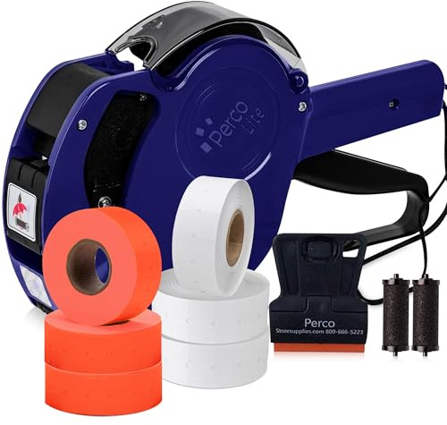Perco Lite 1 Line Price Gun with Labels Kit - Includes 3 White Rolls, 1 Gun Clip, 3 Fluorescent Red Rolls, 2 Ink Rollers, 1 Ink roll and Labels Pre-Loaded