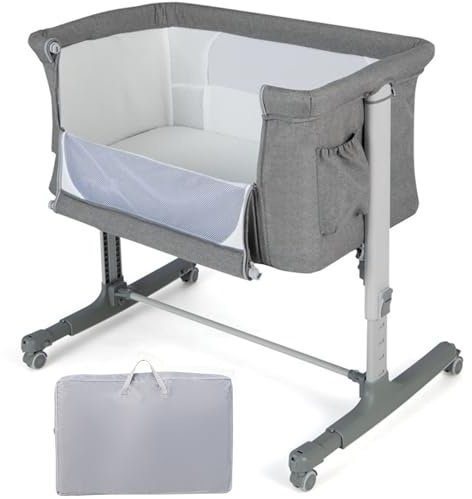 COSTWAY 3-in-1 Baby Bedside Crib, Easy Folding Cot Bed with Mattress, Breathable Mesh Window, Lockable Wheels and Travel Bag, Height Adjustable Newborn Sleeper for Birth to 9kg (Light Grey)
