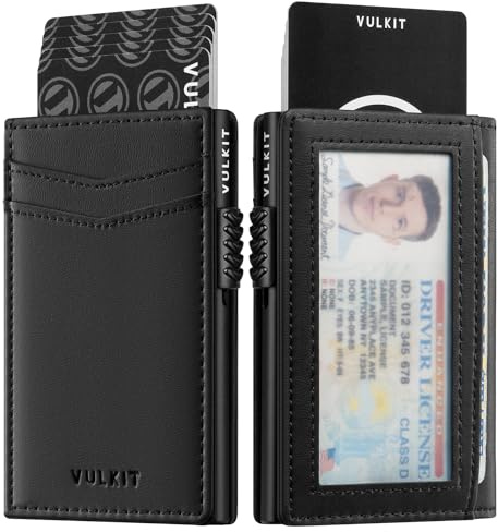 VULKIT Porta Carte di Credito Sottile Porta Carte con Blocco RFID per Uomo Porta Biglietti da Visita Automatico Pop-up per Carte e Appunti con Chiusura Magnetica
