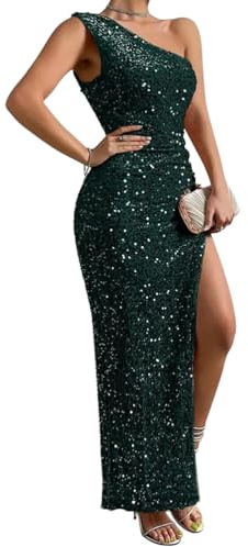 shownicer Robe de Cocktail Femme Elégante Col en V Longue Party Dress Robe Femme Robe De Cocktail Tulle à Paillettes A-Line Robe de Soirée A Vert Foncé S