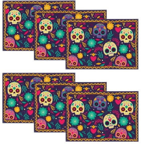 Artoid Mode Totenköpfe Blumen Tag der Toten Mexiko Halloween Platzsets 6er Set, 30x45cm Urlaub Tischsets Waschbar Platzdeckchen Küche Party Deko