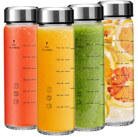Olivego 16oz Juice Bottles - 4 Pack Wide Mouth Glass Bottles with Lids- BPA Free, Stainless Steel Lids for Juicing, Smoothies, Infused Water, Beverage Storage - Leakproof, Borosilicate, Clear