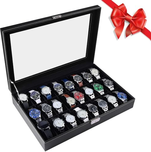 Artilife 24 Slot Watch Box for Men,Watch Cases for Men,Watch Display Case,Glass Top,PU Leather Display Storage Collection Organizer Jewelry Case Watch Organizer with Removable Pillows Black