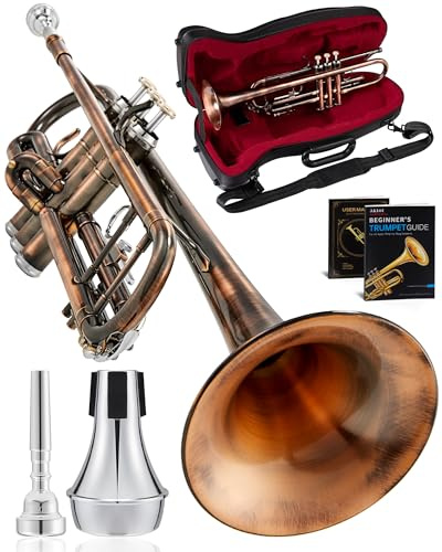 AKLOT Vintage Rose Bb Trumpet: Phosphor Bronze Bell, Smooth Monel Valves, Double Tuning Slide Braces, Standard Trumpet with Premium Leather Case, Lesson Book, Trumpet Mute, Cleaning Kit (SNR-PriTB)