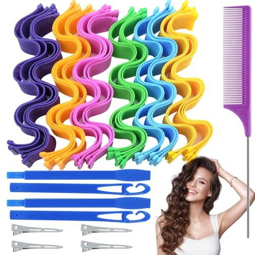 MSIHEY Set di 34 Bigodini heatless ricci colori misti, Bigodino durante la notte con 1 pettine di bellezza e 2 ganci per lo styling per donne e ragazze, Bigodino lungo per boccoli (30 cm)