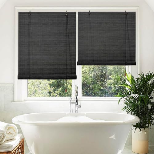 80% Opaco Cortina Exterior Interior Bambu Enrollable Negro Persiana Veneciana Madera Estor de bambú Anti-UV Transpirable Para Jardín Cocina 50 80 100 140 150 160cm Fácil De Instalar(W50xH160cm)