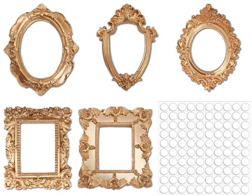 MaehSab Mini-Bilderrahmen im Vintage-Stil, Kunstharz, Antik-Gothic-Stil, goldfarben, Barock, oval, rechteckig, für Wanddekoration, Schmuck-Display, Bastelarbeiten, kein Glas oder Rückseite, 5 Stück