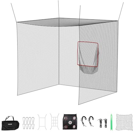 VEVOR Filet de Frappe de Golf 3,05x3,05x3,05 m, Cage d'Entraînement de Golf Portable, pour Entraînement Extérieur et Intérieur, avec Filet en Polyester 3 Plis sans Nœuds et Cible de Baseball 9 Trous