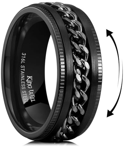 King Will 316L Stainless Steel Fidget Ring for Men Women-8mm Width Black Chain Spinner Ring, Durable Wedding Band with Stress Relief Comfort Fit Fidget Spinner Men's Jewelry Size 11.5