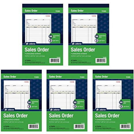 Adams Sales Order Book, 3-Part, Carbonless, White/Canary/Pink, 5-9/16 x 8-7/16, Bound Wraparound Cover, 50 Sets per Book, 5 Books, 250 Sets Total (TC5805)