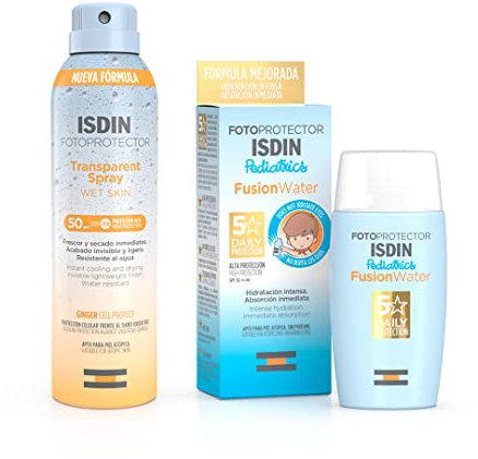 ISDIN Fotoprotector Fusion Water Pediatrics SPF 50, hidratación intensa + Fotoprotector ISDIN Transparent Wet Skin SPF 50, Spray transparente, eficaz sobre piel mojada, Ginger Cell Protect, 250 ml
