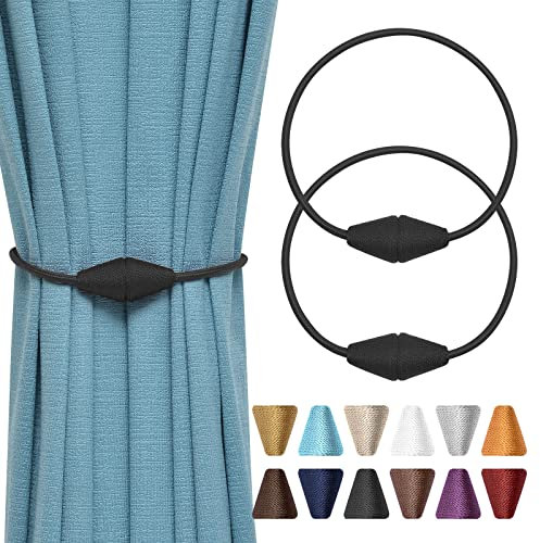 Pretty Jolly 2 Pack Upgrade Magnetic Curtain Tiebacks Handmade Weave Rope Curtain Holdbacks Convenient Decorative Cone Curtain Drape Tie Backs for Home & Office Window Drapery (Black)