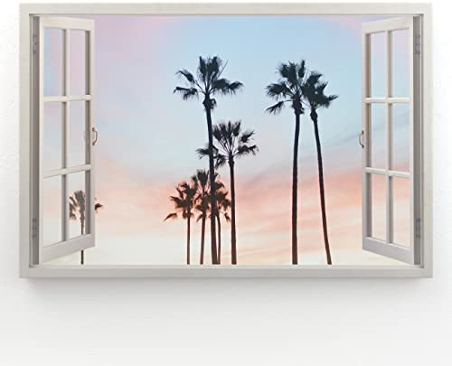 Estika - Cuadros de lienzo con vistas a la ventana - palmera - 120 x 80 cm - 1 pieza mural, imagen sobre lienzo, decoración moderna para salón dormitorio - cuadros paisajísticos naturales - 5999A_1B