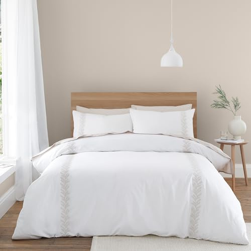 Bianca Embroidery Leaf 180 Thread Count Cotton Super King Duvet Cover Set with Pillowcases Natural