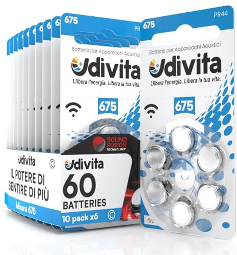 60 Batterie per Apparecchi Acustici Auricolari Udivita Misura 675 PR44 con Tecnologia Phono Pulse - 10 Blister da 6 Pile