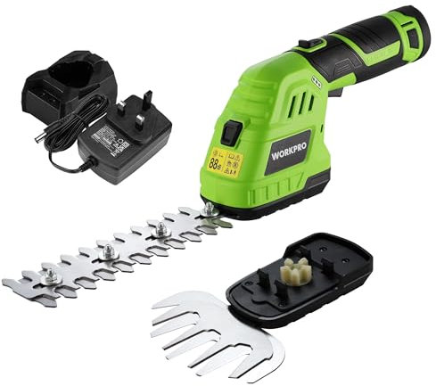 WORKPRO 2-in-1 Cordless Hedge Trimmer and Grass Shear, 12V Electric Hedge Trimmer with 2000mAh Battery, Handheld Garden Trimmer with 2 Interchangeable Blades for Gardening