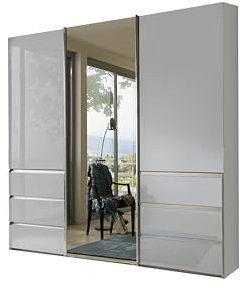 WIEMANN Schwebetürenschrank Kleiderschrank Schlafzimmerschrank 250cm breit, mit Schubladen, Glas weiß, mit Spiegel, Höhe 217cm, Malibu