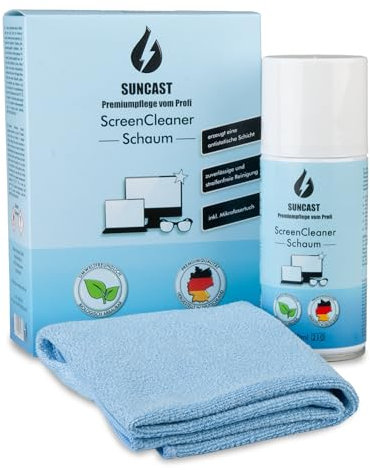 SUNCAST Schaum 150ml Screen Cleaner Set inkl. Mikrofasertuch | Premiumpflege vom Profi | streifenfreier und rückstandsfreier Bildschirmreiniger | Handy, Laptop, PC, Tablet, Display, Brille