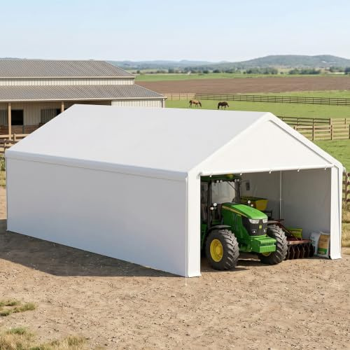 XMTECH garagetält, carport, tältgarage 4 x 8 m, UV-resistent och solsäkert biltält med dörrar, piletält, lagertält, garage skydd, bilskydd för SUV, båt, lastbil, frakt, utomhusevents, vit