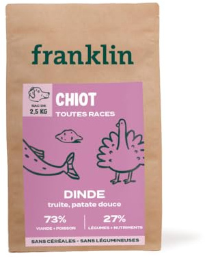 FRANKLIN Valpfoder - 73 % kalkon och öring - utan spannmål och baljväxter - lätt matsmältning - optimal tillväxt - liten storlek 11 mm - 2,5 kg