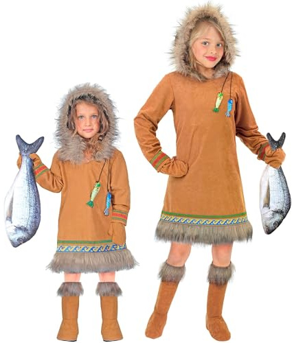 W WIDMANN MILANO Party Fashion - Costume Inuit per bambini in 3 pezzi, abito con cappuccio, guanti e copristivali per carnevale