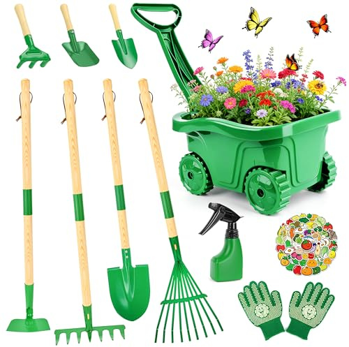 IEEILULU Carriola per Bambini, Set Giardinaggio con Pala Vanga Rastrello Guanti Annaffiatoio, Attrezzi Giardinaggio Bambini, Giochi da Esterno per Ragazzi e Ragazze dai 3 Anni (Verde)