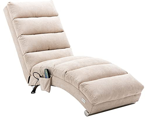 BTM Fabric Relaxing Chaise Lounge Chair, Comfy Fixed Recliner Sofa Chairs with Gentle Vibration and Side Pocket Beige