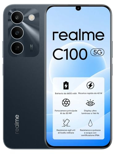 realme C100 5G Smartphone 128GB ROM, Batería Titan 6600mAh y Carga Rápida 45W, Teléfono Móvil con 144Hz Ultra Brillante, Android 16 Móviles Resistencia a Antigolpes Militar, Carga Inversa 6.5W, IP64