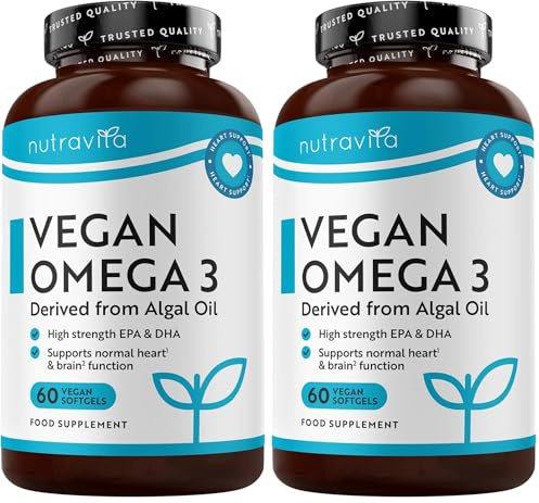 Nutravita Omega 3 Vegan ad alta efficienza 2000mg - 600mg DHA e 300mg EPA per 2 porzioni - Omega 3 derivato da Olio di Alghe - per la Salute del cuore - 60 Capsule molli vegane (Confezione da 2)