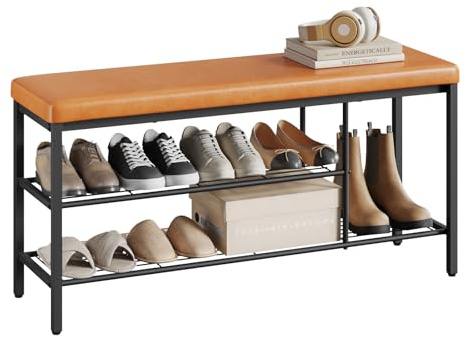 WOLTU Banc Chaussures Entrée, Banc de Rangement, Siège Rembourré, à 3 Étagères, pour Bottes et Chaussures, en Similicuir et Métal, Entrée, Couloir, Salon, 100x30x50 cm, Marron