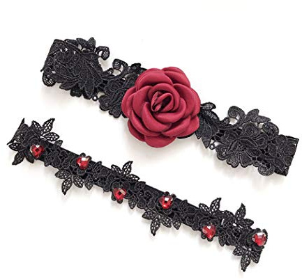 Women Wedding Bridal Legs Garter Set Bridal Garters Lace Belt with Toss Away JW20 (Wine Red Flower)