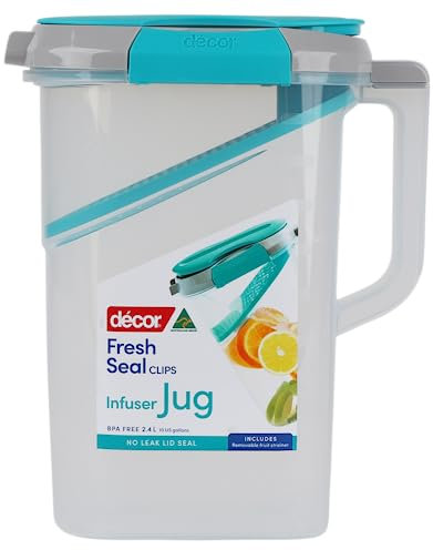 Décor Fresh Seal Clips Large Water Jug with Removable Fruit Infuser | BPA-Free & Leakproof | Fridge Door Jug | 2.4L Capacity