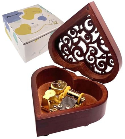 Pursuestar Amazing Grace Music Box, Heart Shaped Vintage Hollow Out Wood Mechanism Wind Up Musical Box Gifts for Birthday Christmas Wedding Valentine's Day