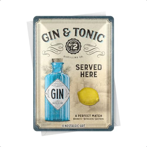 Nostalgic-Art Retro Blechpostkarte, 10 x 14 cm, Gin & Tonic Served Here – Geschenk-Idee als Bar-Zubehör, Postkarte aus Metall, Mini-Blechschild als Grußkarte