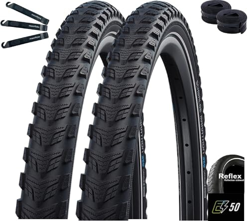 Schwalbe Marathon 365 2 x GreenGuard E-50 Fahrradreifen Schwarz mit Reflex 47-622 (28 x 1,75) + 2 x Schwalbe Schläuche AV17 inkl. maxxi4you Reifenheber