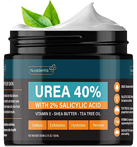 NUVADERMIS 40% Urea Cream - Full Body Moisturizing Cream for Extremely Dry Skin - Maximum Strength Urea Cream with 40 Percent Urea for Feet, Hands, Elbows & Body - Urea + Salicylic Acid – 5.3 fl oz