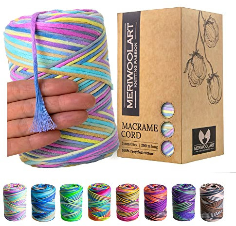 MeriWoolArt® Makramee Garn - Makramee Garn 3mm farbig 200m - Super weiches Garn, einfach gedrehte Makramee Schnur - Öko-Tex 100% recyceltes Baumwollgarn farbig - DIY Boho Deko Makramee