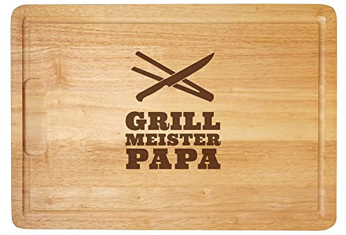 Grillbrett mit Gravur, Holz Schneidebrett für Papa, Brotzeitbrett mit Grillmeister Motiv, Vatertagsgeschenk, Geschenke für Männer zum Grillen, Grillzubehör für Väter, Grill Holzbrett mit Saftrille