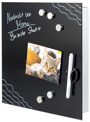 bremermann Cassetta portachiavi XL con frontale in vetro, scrivibile, 13 ganci, 6 magneti, 1 pennarello, 1 porta pennarelli, corpo in metallo grigio verniciato a polvere (nero)