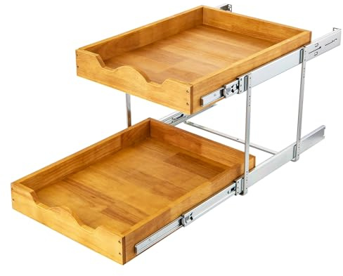 DINDON 2 Tier Pull Out Cabinet Organizer (17 W x 21 D) Wood And Metal Double Tier Slide Out Wood Drawer Under Cabinet Storage And Organization