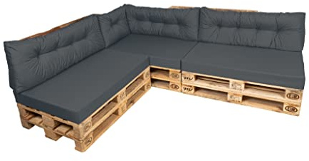 TexDeko Comfort Palettenkissen wasserabweisend 120 x 80 x 12cm XL mit abnehmbarem Bezug waschbar In- & Outdoor Palettenpolster Schaumstoff mit Rückenkissen gesteppt (7TLG-Set, Anthrazit)