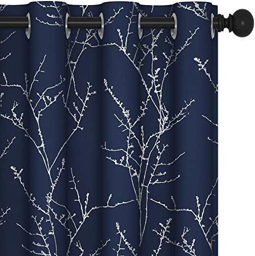 Deconovo Thermal Eyelet Door Curtains 84 Inch Drop Curtains, Silver Tree Branches Printed Curtains for Bedroom, Navy Blue, 52 x 84 Inch (W x L), 2 Panels