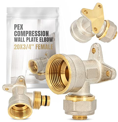 Codo PEX con arandela de pared 20 x 3/4 IG - Calefacción de agua - Pieza en V - Montaje de tornillo - Placa de compresión - Conexión de tubería