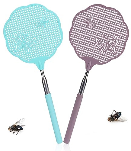 TAKUZA Flugsmälla, 2 stycken, utdragbar flugklapp, Pest-Control, med integrerad myggskrapa, som används för att skydda flugor, getingar, myggor och andra insekter (grön, lila)