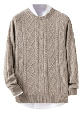 Hamthuit Pull Chaud en Laine pour Hommes, Pull Torsadé À Carreaux, Col Rond, Automne/Hiver Raw Fleece Color XL