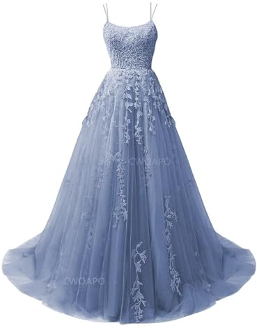 CWOAPO Spaghetti Straps Long Prom Dresses for Teens 2025 Lace Appliques Tulle Ball Gown Prom Dress Wedding Gowns with Pockets Dusty Blue US0