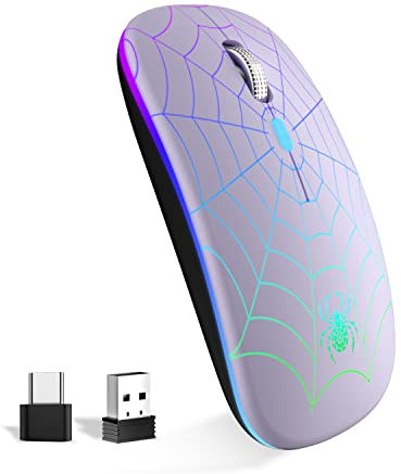 SZO Mouse Wireless Ricaricabile con Convertitore USB e Tipo-C,RGB a 7 Colori,Portatile e Precisione Regolabile (800/1200/1600),Viola Chiaro